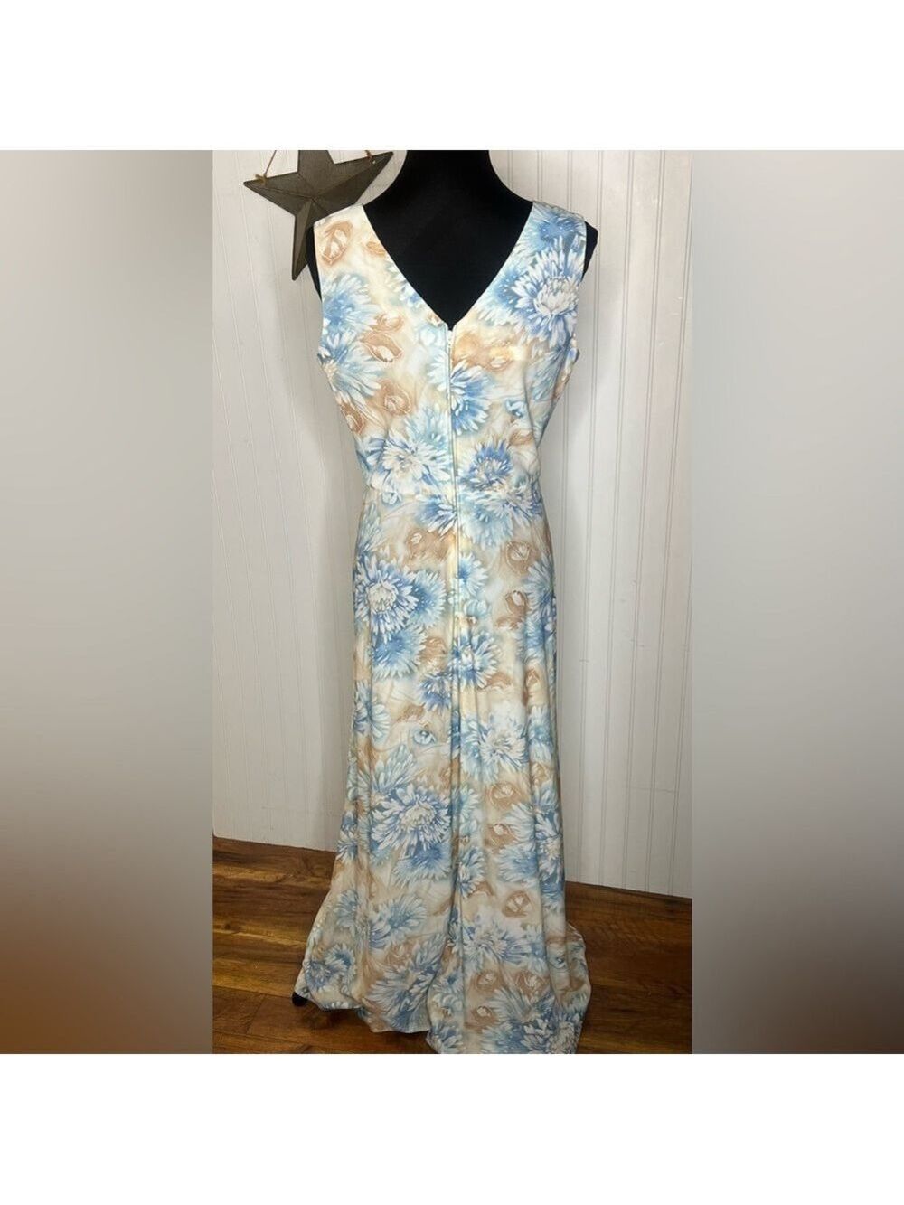 1970’s Floral Blue and Tan Women's Maxi Dress Size 10 - Picture 5 of 12